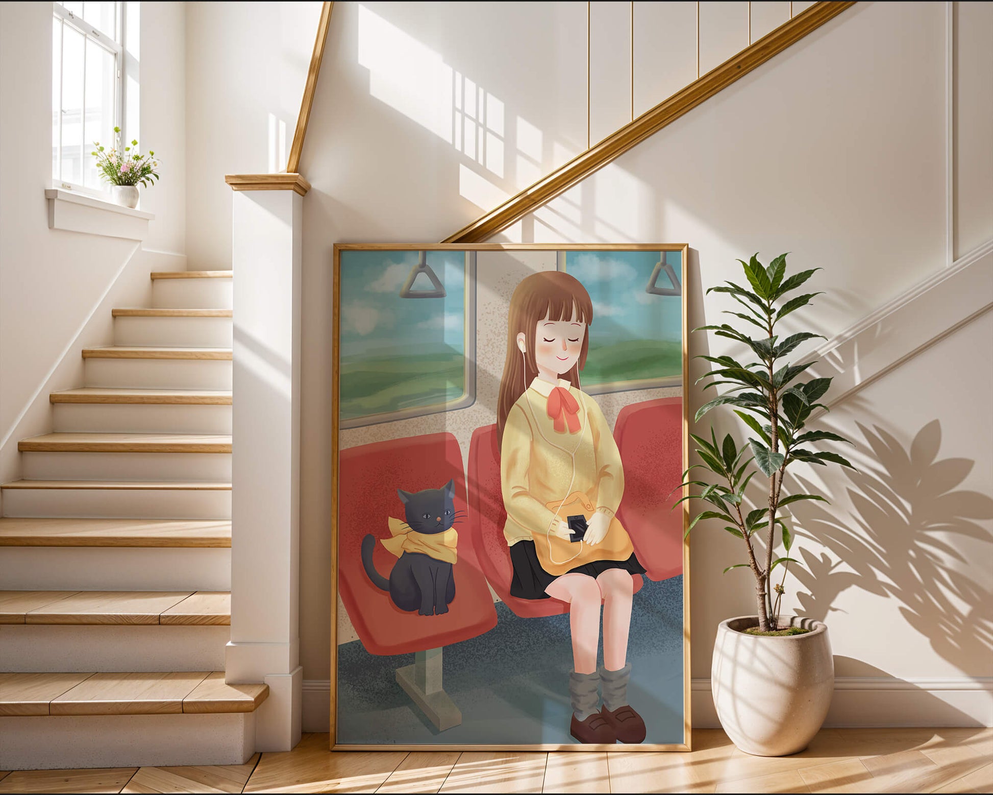 Peaceful train ride with a girl and her cat illustrated