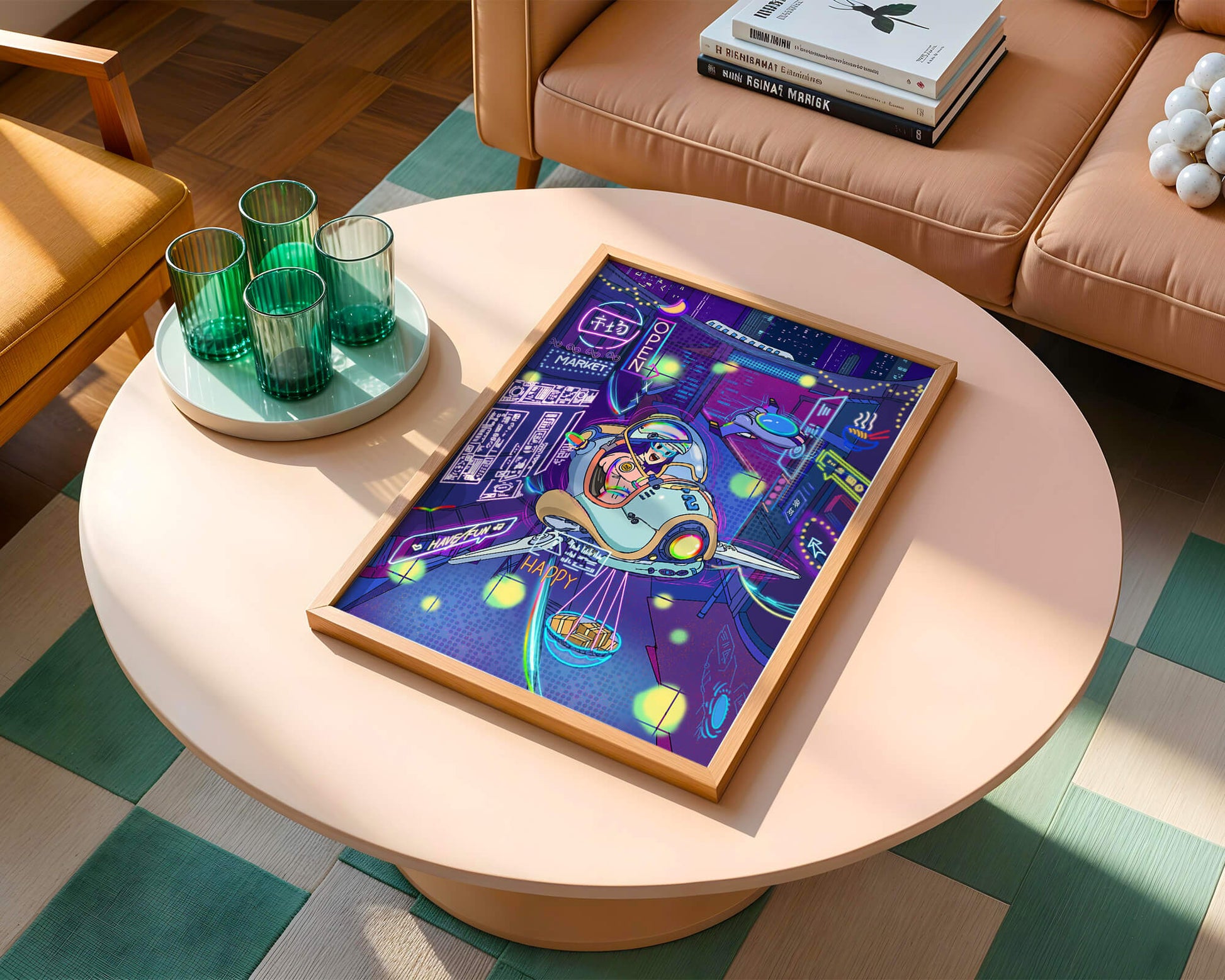 Futuristic cityscape with a flying delivery vehicle and neon signs