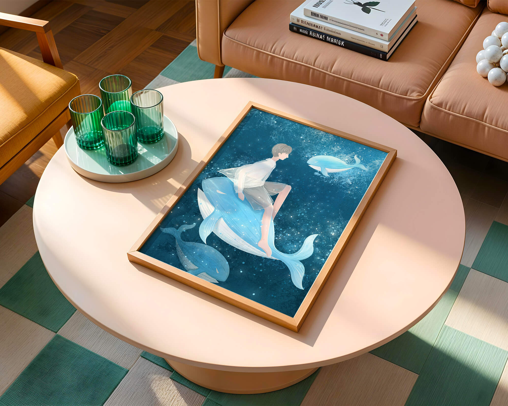 Fantasy illustration of person on blue whale in underwater scene