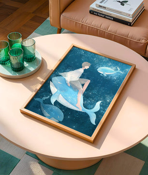 Illustration fantastique d'une personne sur une baleine bleue dans une scène sous-marine