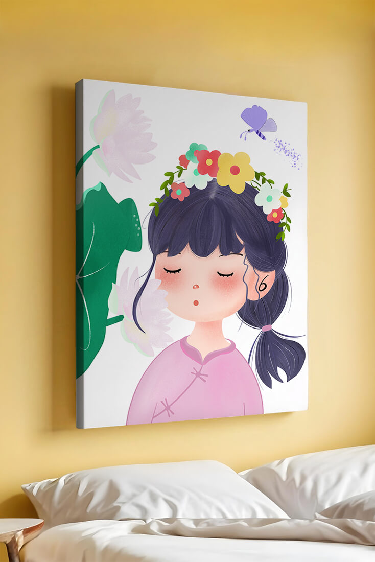 Whimsical illustration of a girl with a flower crown and butterfly