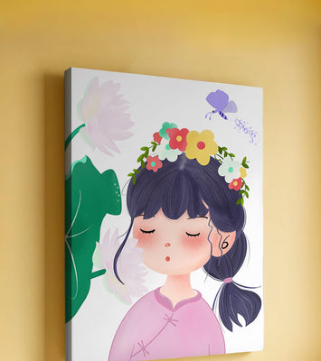 Whimsical illustration of a girl with a flower crown and butterfly