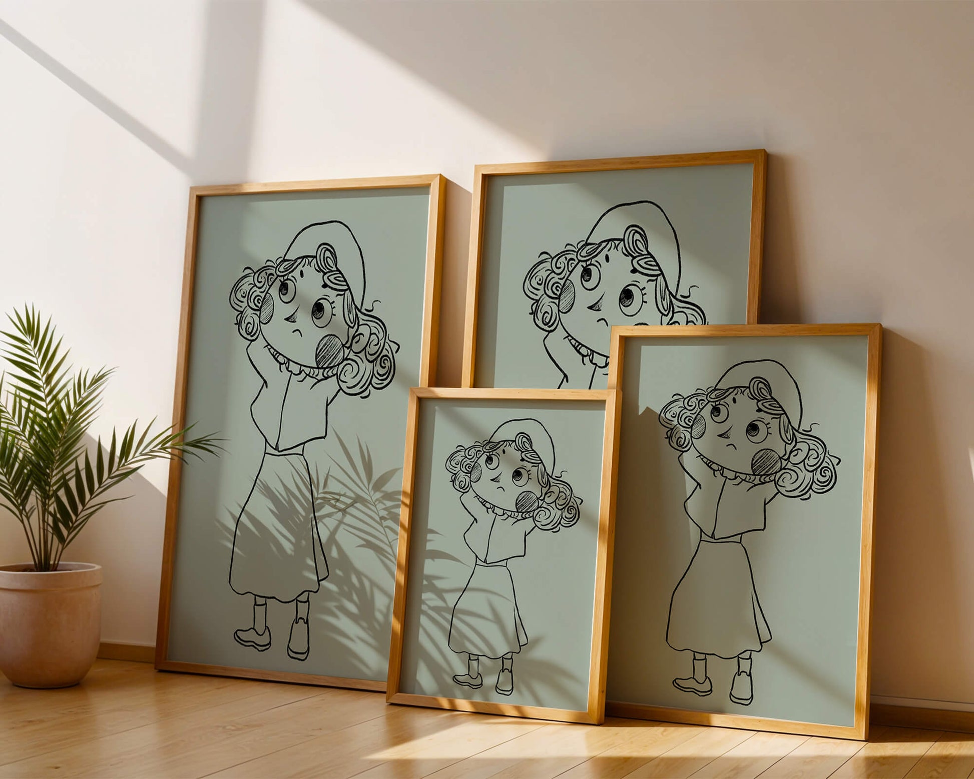 Ilustración a mano de un personaje de dibujos animados pensativo con cabello rizado y gorro