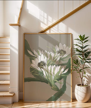Beautiful botanical illustration of white blooming flowers with green leaves