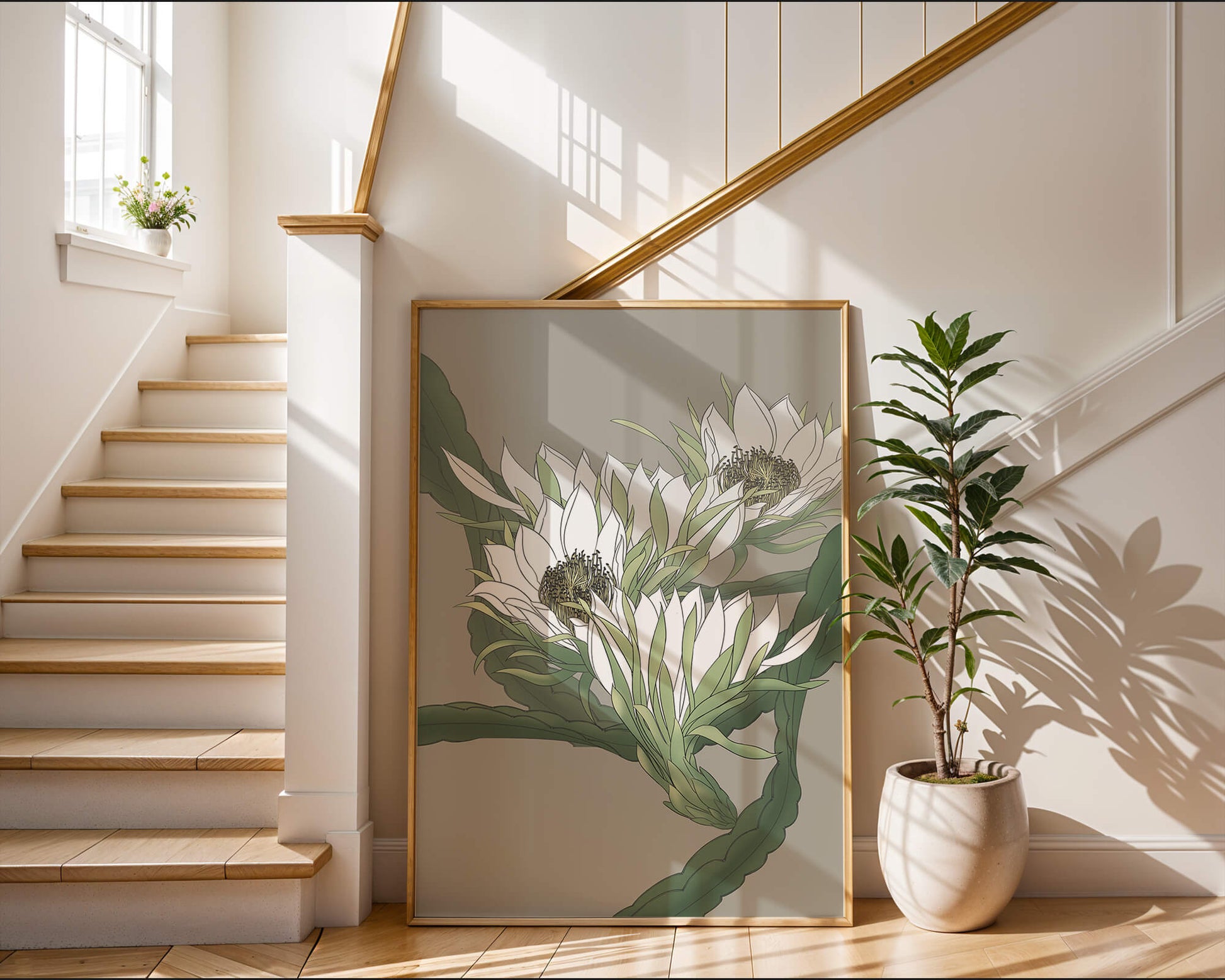 Beautiful botanical illustration of white blooming flowers with green leaves