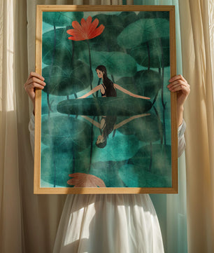 Femme réfléchissant parmi des feuilles de lotus et des fleurs avec une image miroir