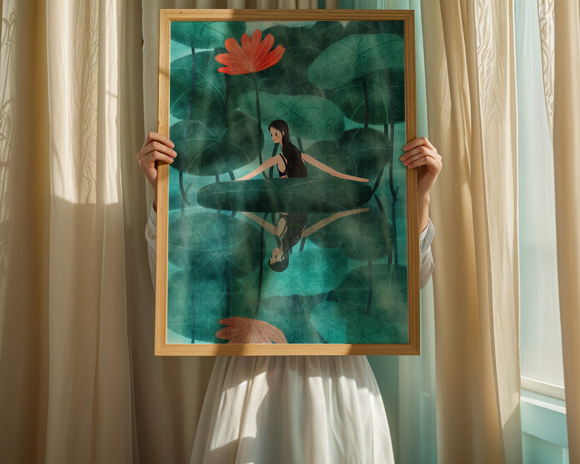 Woman Reflecting among Lotus Leaves and Flowers with a Mirror Image