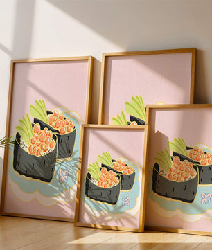 Illustration of sushi rolls with fish roe and avocado on a pastel background