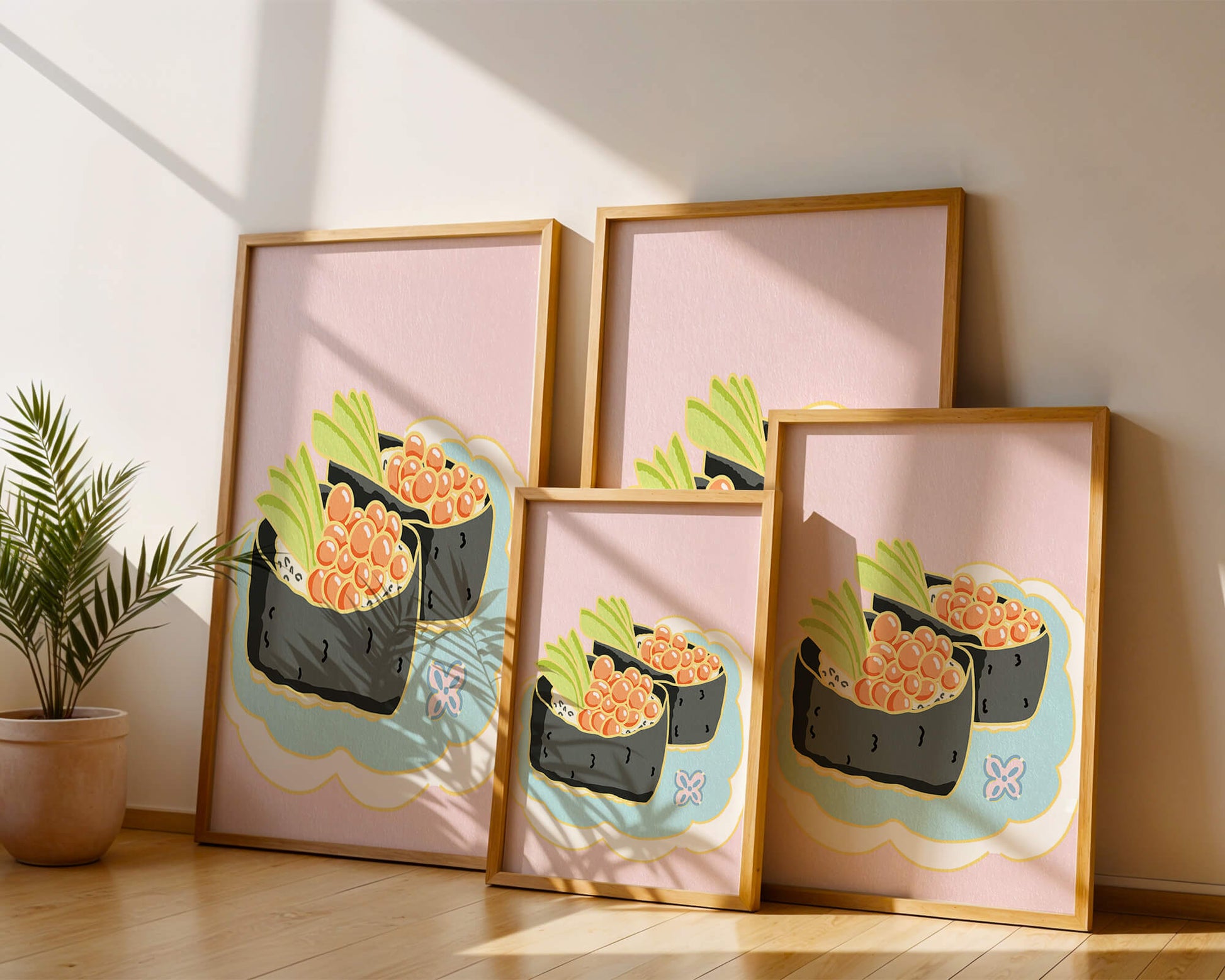 Illustration of sushi rolls with fish roe and avocado on a pastel background