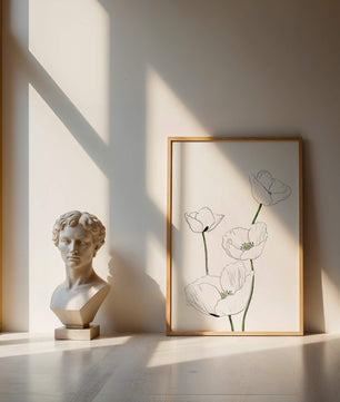 Zarte florale Linienzeichnung mit weißen Mohnblumen auf sauberem Hintergrund