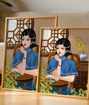 Elegant Woman in Traditional Chinese Setting with Blue Cape and Intricate Decor