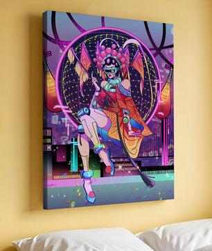 Personaje futurista con atuendo tradicional asiático y telón de fondo de ciudad neón