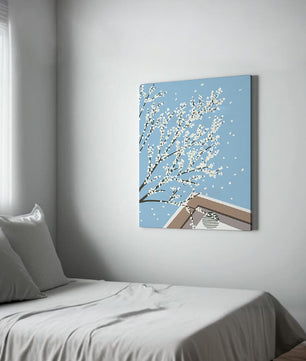 Blooming Branches Against a Clear Sky with Geometric Shapes
