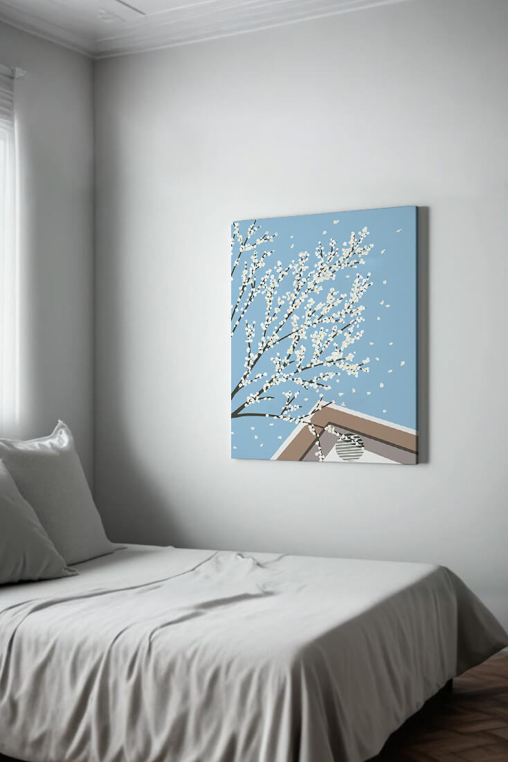 Blooming Branches Against a Clear Sky with Geometric Shapes