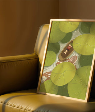 Person in boat among lush green lily pads