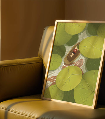 Person in boat among lush green lily pads