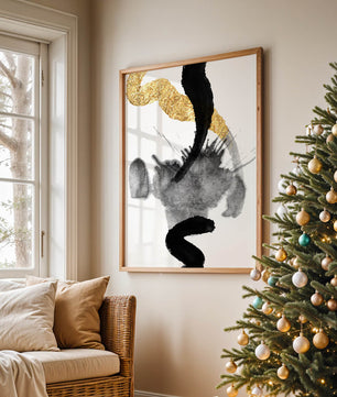 Abstract black and gold brushstrokes with textured patterns