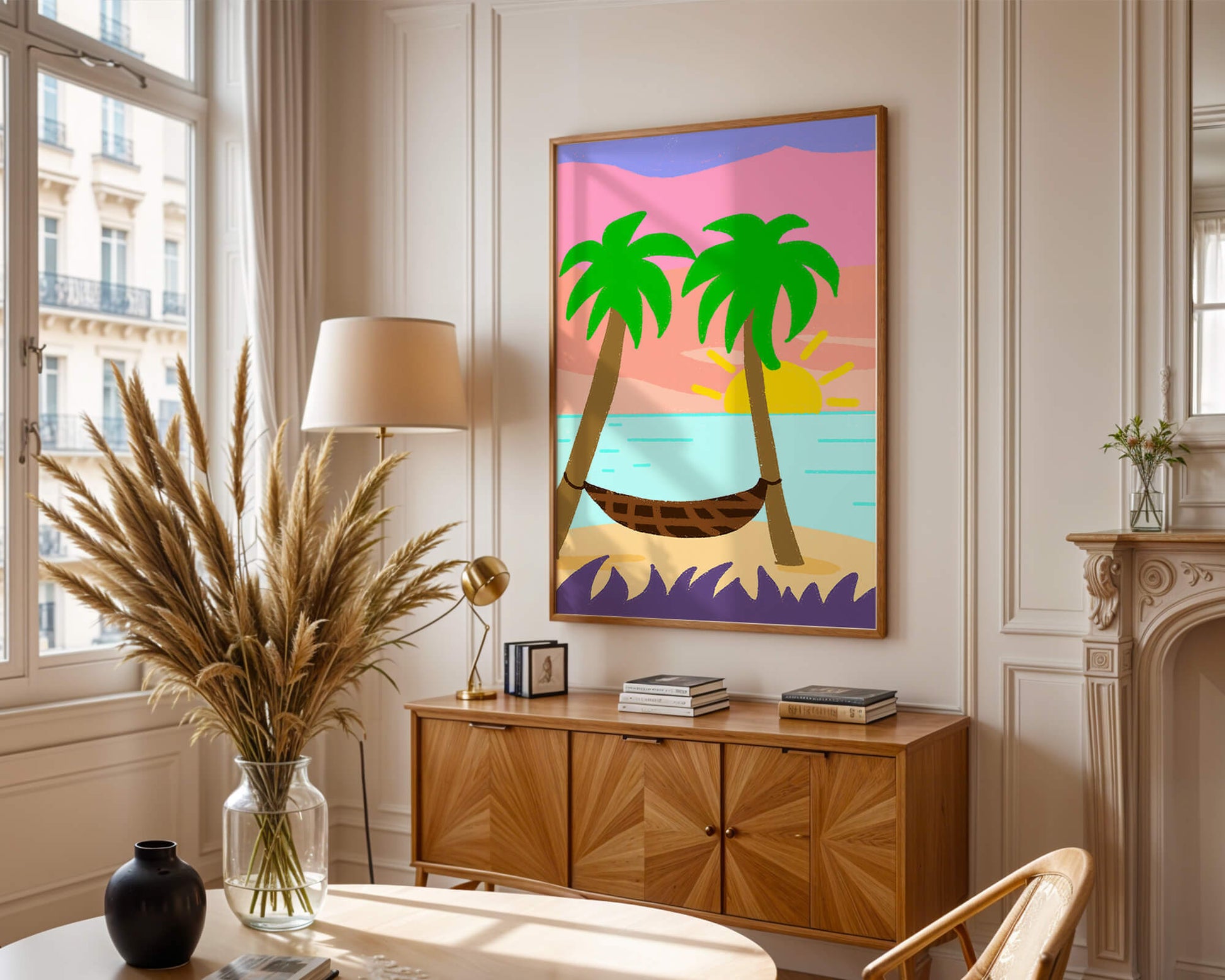 Tranquil beach scene with hammock and sunset