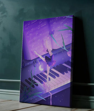 Graceful Ballerina Dancing on Piano Amidst Flowers and Musical Notes
