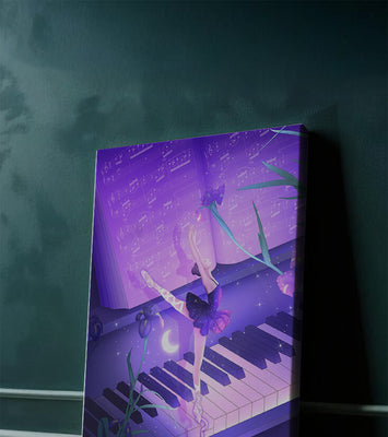 Graceful Ballerina Dancing on Piano Amidst Flowers and Musical Notes