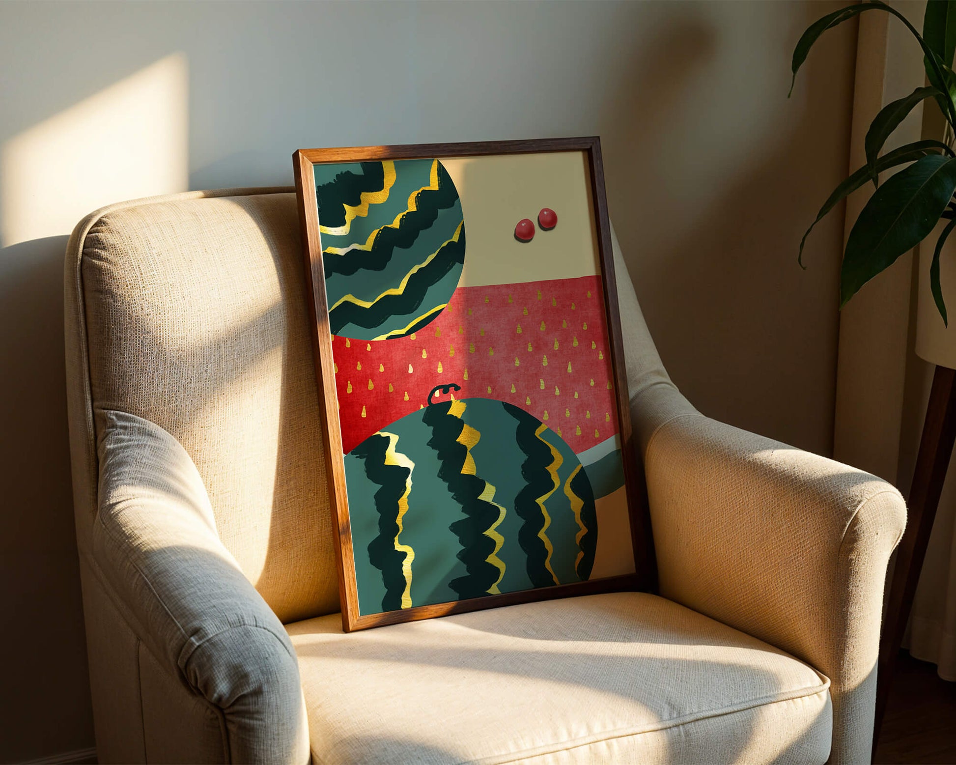 Arte abstracto vibrante de sandía con reflejos dorados
