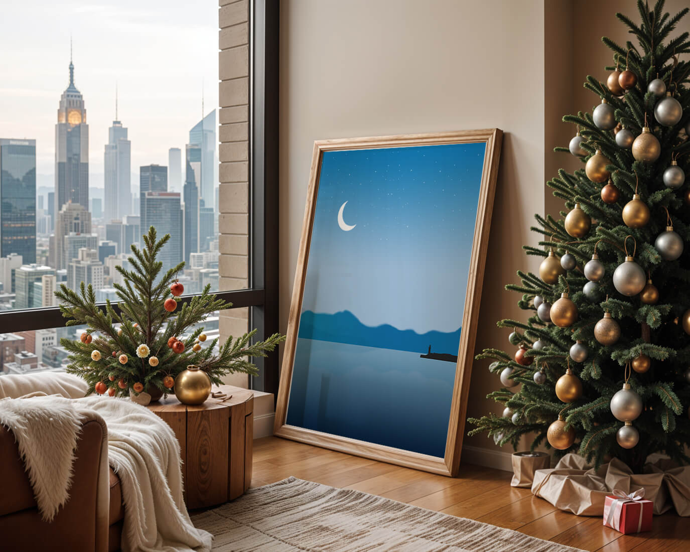 Serene Night Landscape with Crescent Moon and Lighthouse