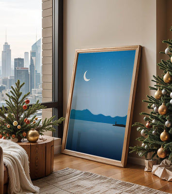 Serene Night Landscape with Crescent Moon and Lighthouse