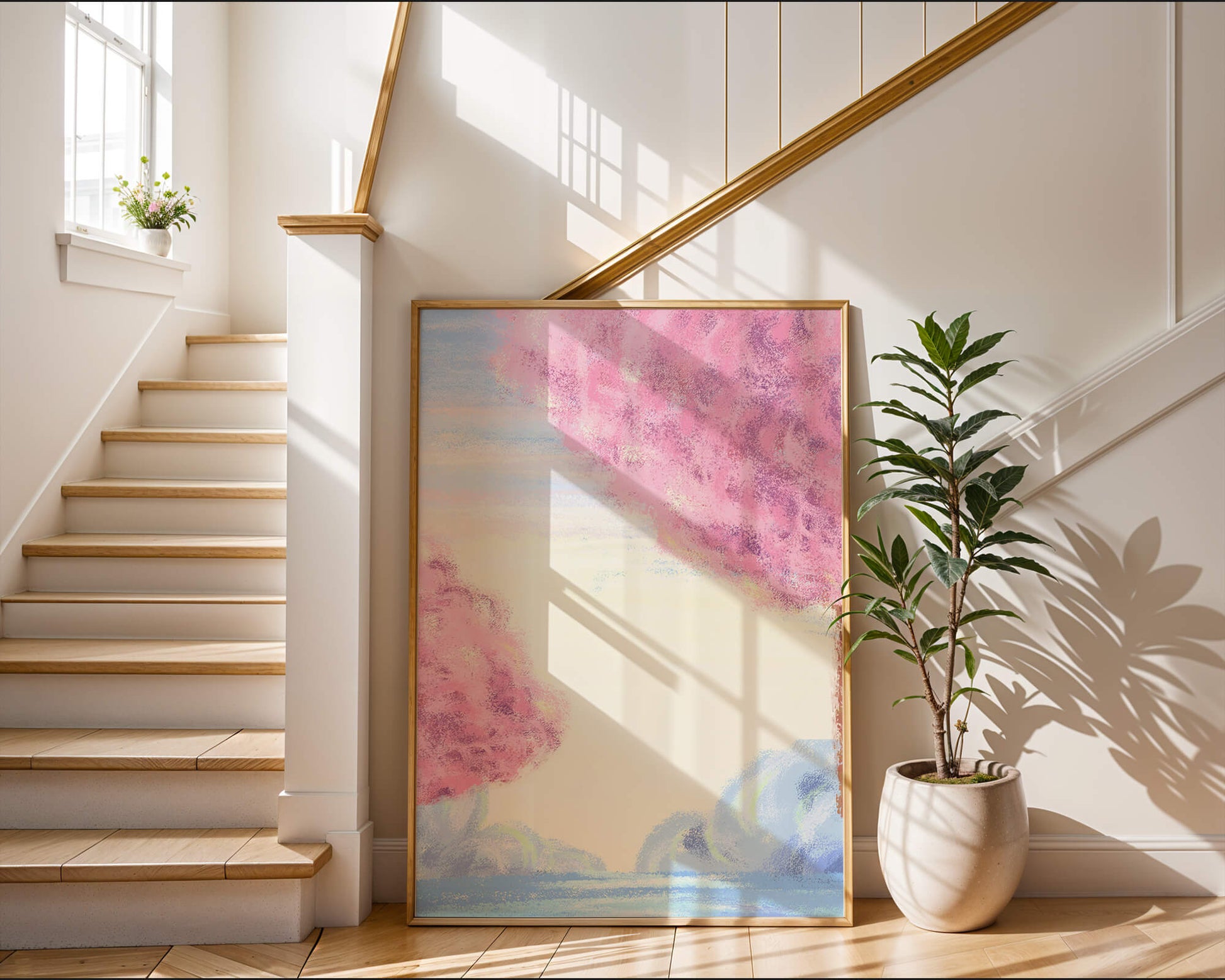 Serene Landscape with Cherry Blossom Trees and Tranquil Sky