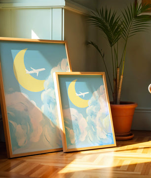 Ilustración de cielo panorámico con avión y luna creciente