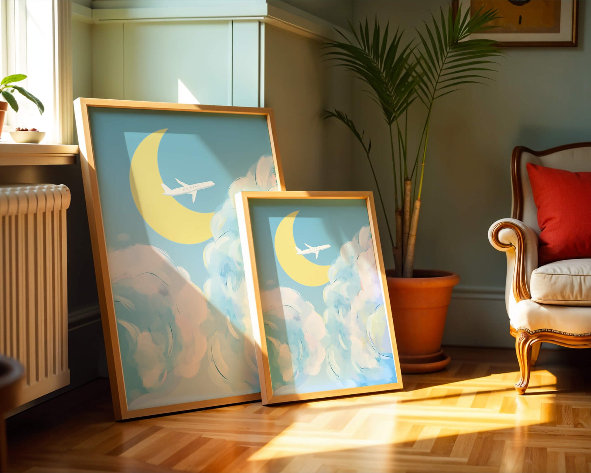 Scenic sky illustration with airplane and crescent moon