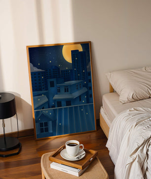 Night Urban Skyline Under a Starry Sky with Bright Full Moon