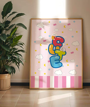 Playful pastel illustration with cute characters and clouds