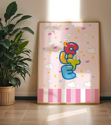 Playful pastel illustration with cute characters and clouds