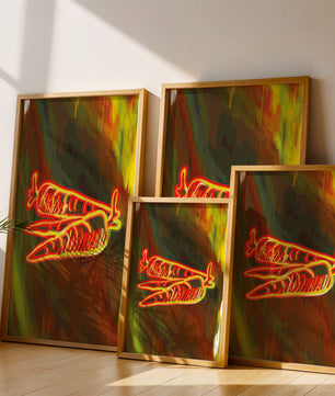 Abstract art featuring neon carrots on a colorful background