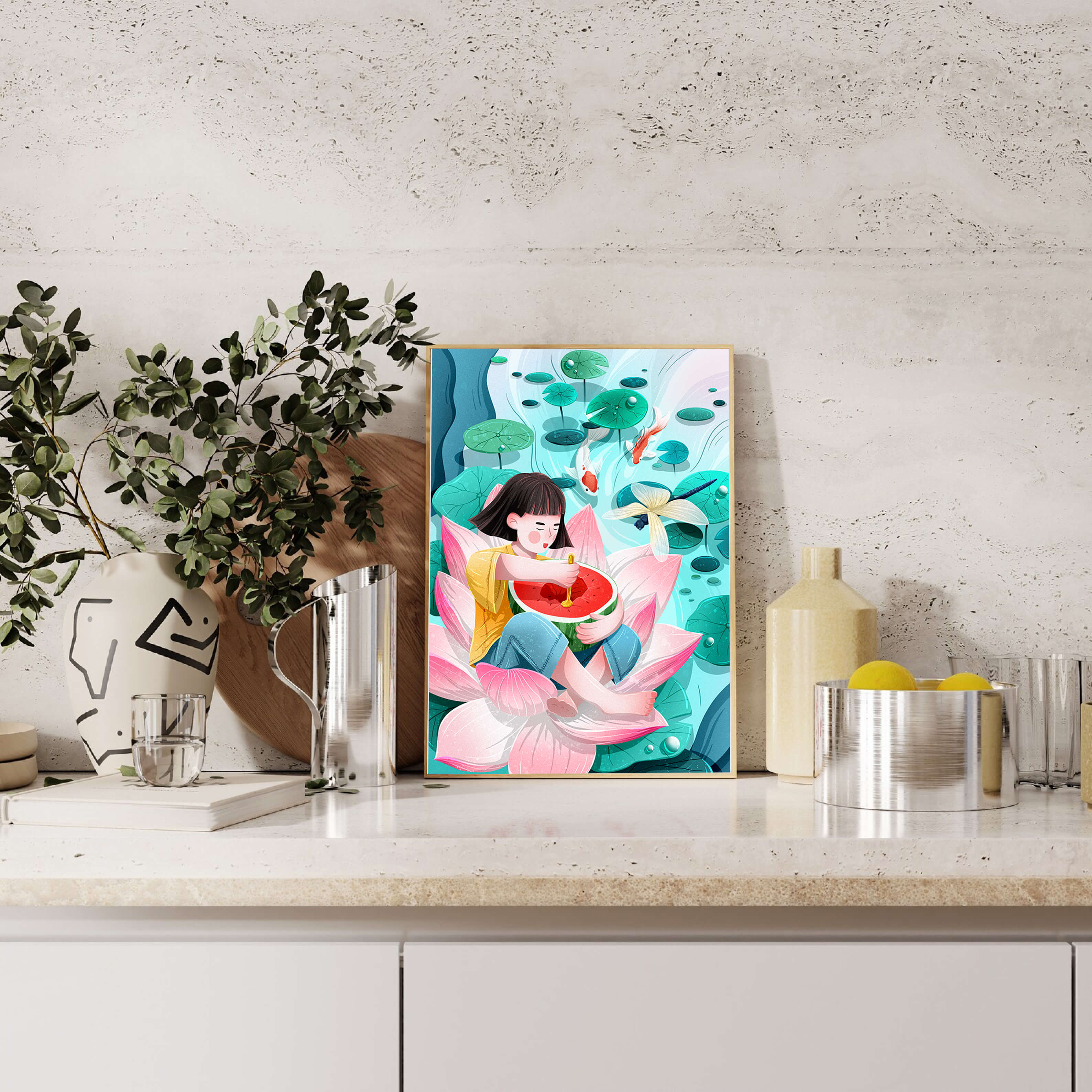 Serene illustration of child with watermelon on lotus flower