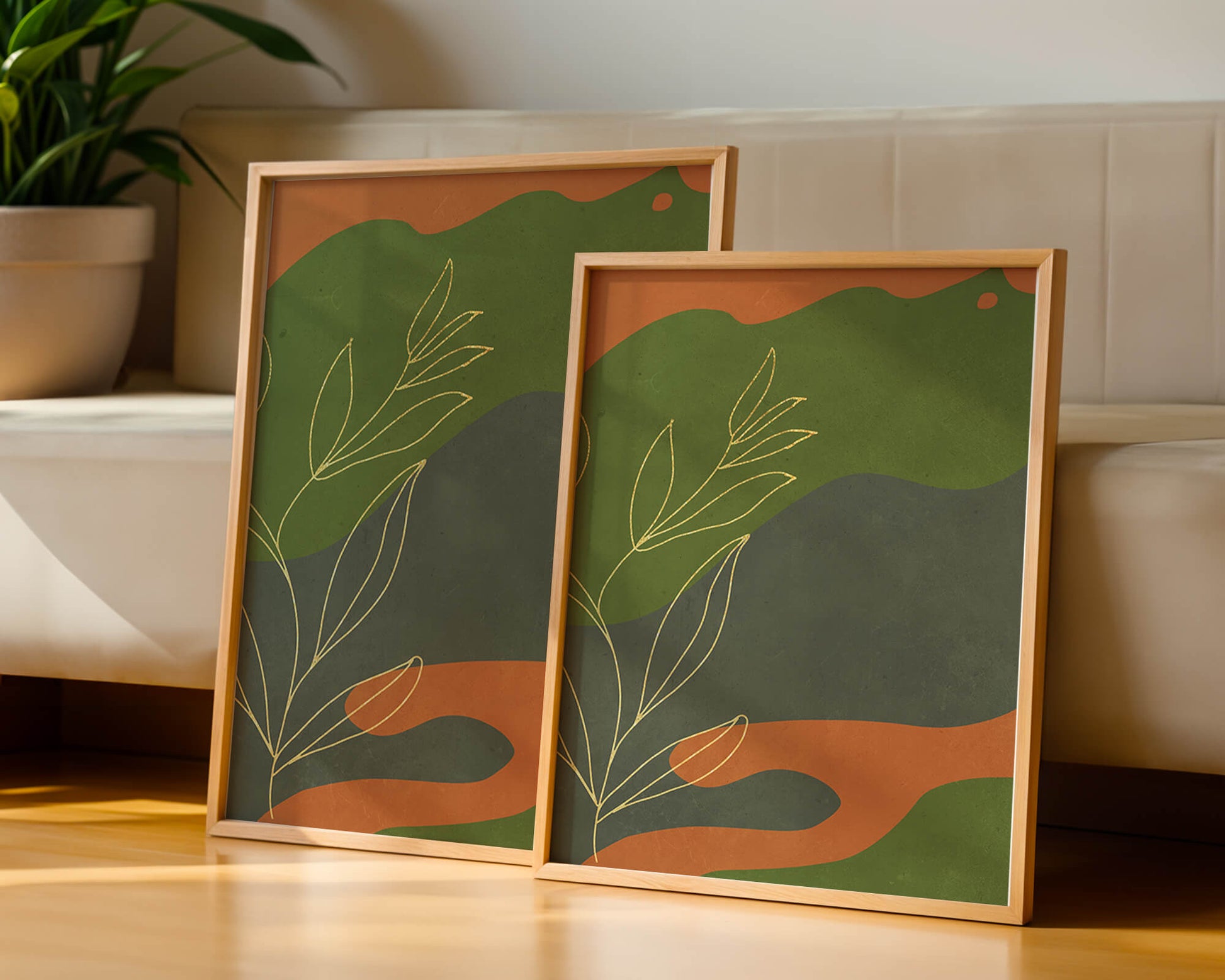 Abstrakte botanische Kunst mit Goldblatt auf buntem Hintergrund