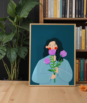 Illustration of a woman with purple flowers on a teal background