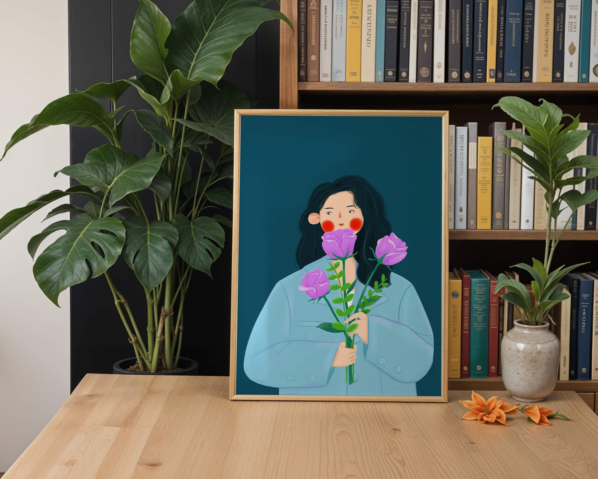 Illustration of a woman with purple flowers on a teal background