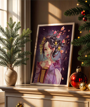 Retrato de anime elegante con acentos florales y dorados