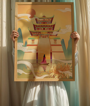 Ancient temple with serene landscape and vibrant colors artwork