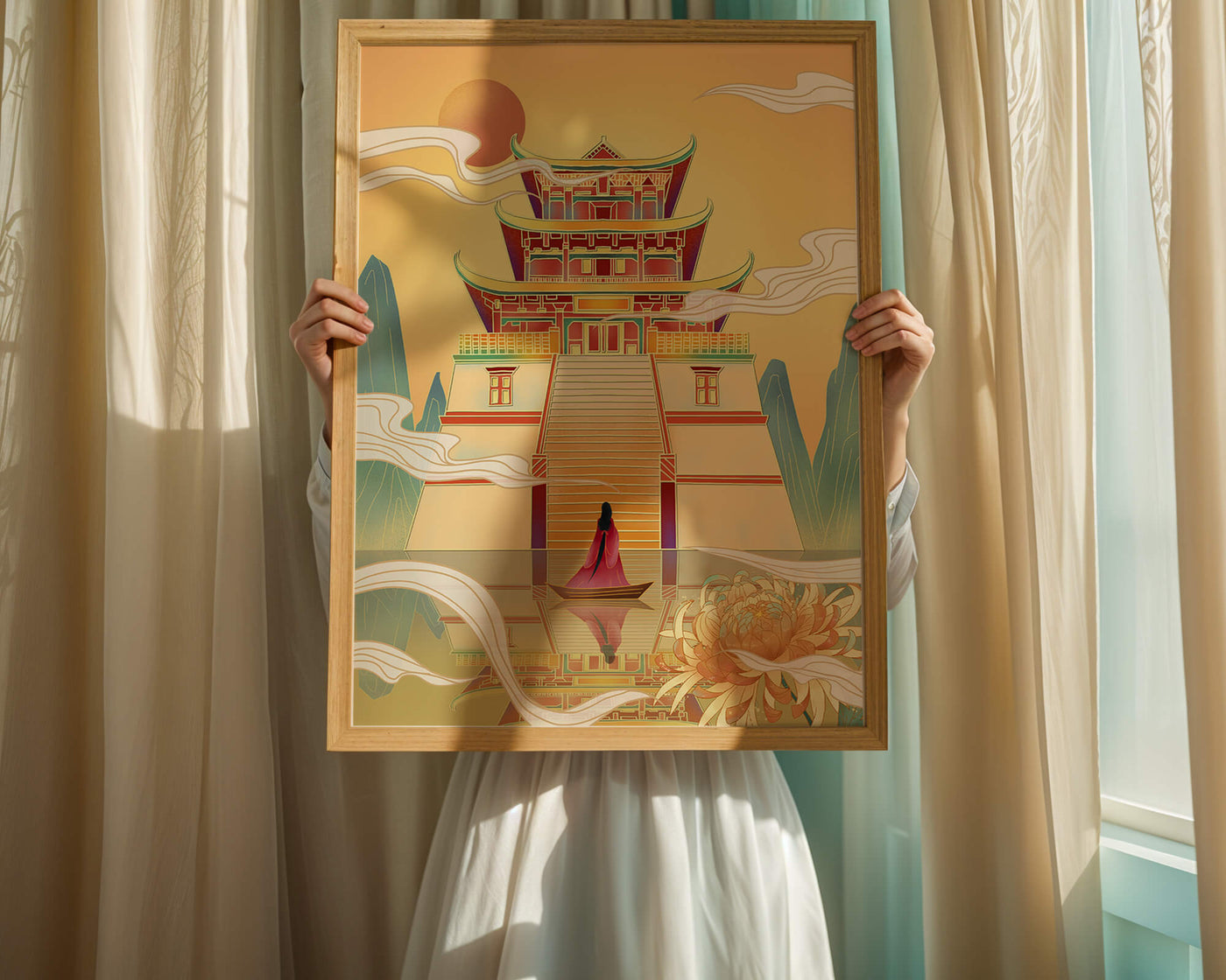 Ancient temple with serene landscape and vibrant colors artwork