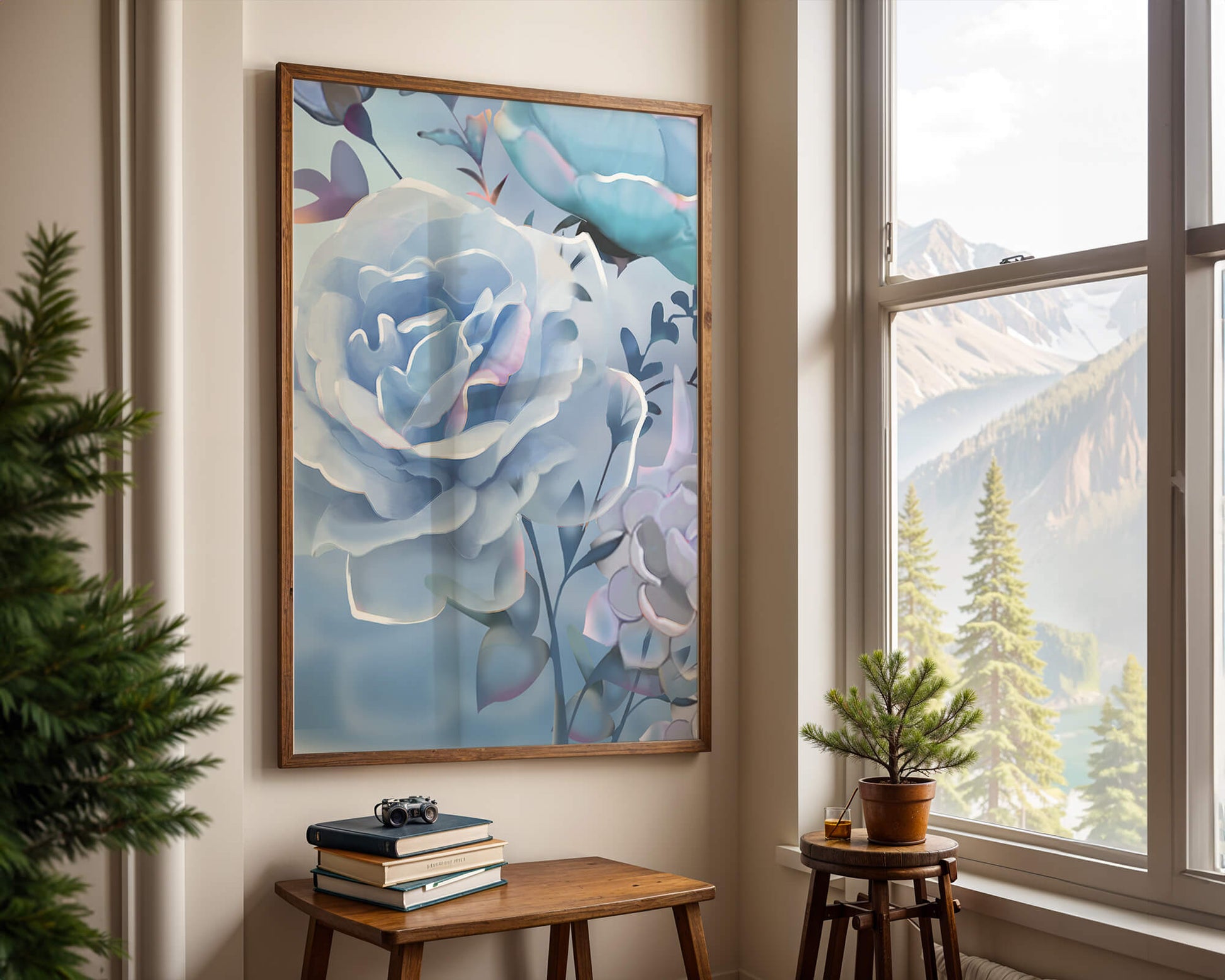 Rosas azules serenas con hojas delicadas sobre fondo suave