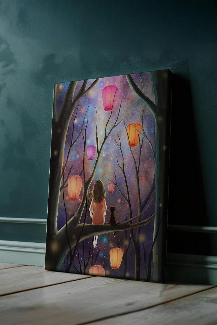 Scène nocturne enchanteresse avec des lanternes et une fille dans la forêt