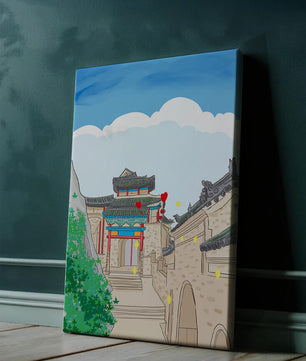 Arquitectura china tradicional con toques vibrantes y fondo escénico