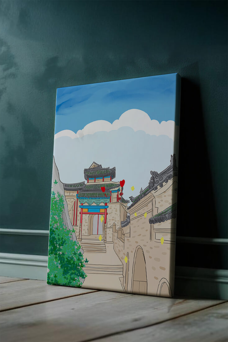 Arquitectura china tradicional con toques vibrantes y fondo escénico