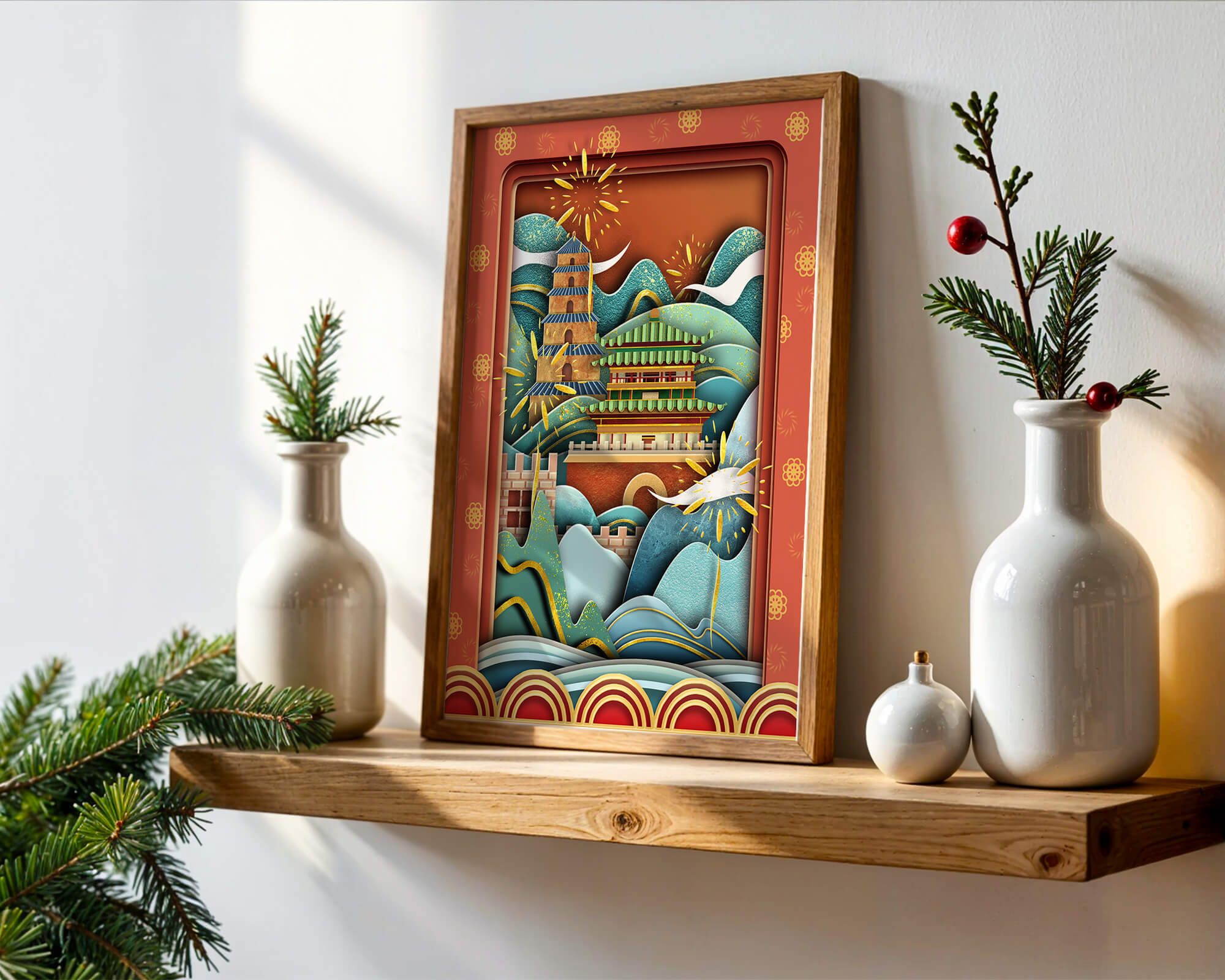 Illustrated Asian landscape with fireworks and traditional architecture