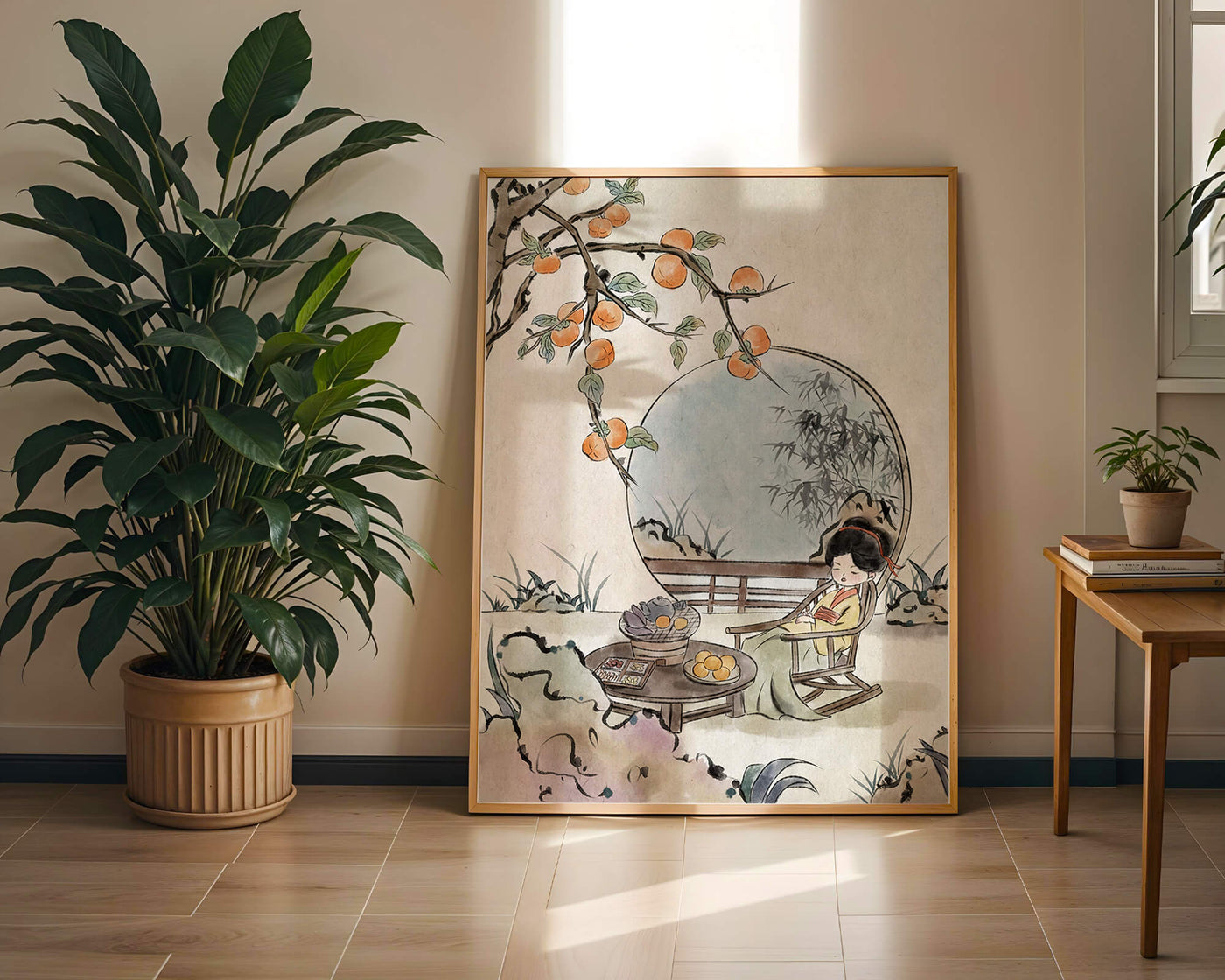 Tranquil garden scene with persimmons and serene figure
