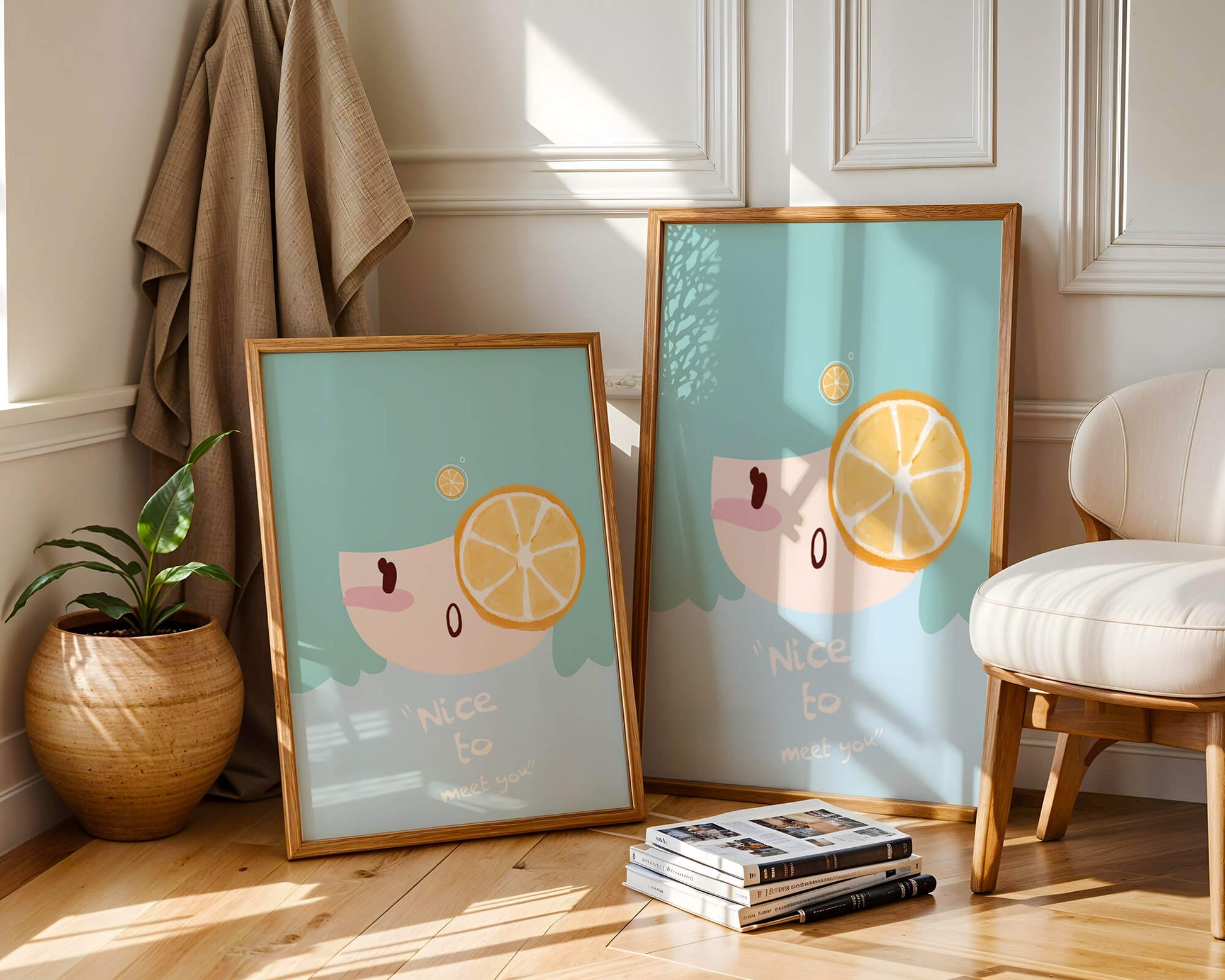 Playful Illustration of a Cartoon Face with Citrus Accent