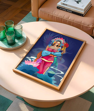 Colorful illustration of a woman in traditional attire with floral headdress