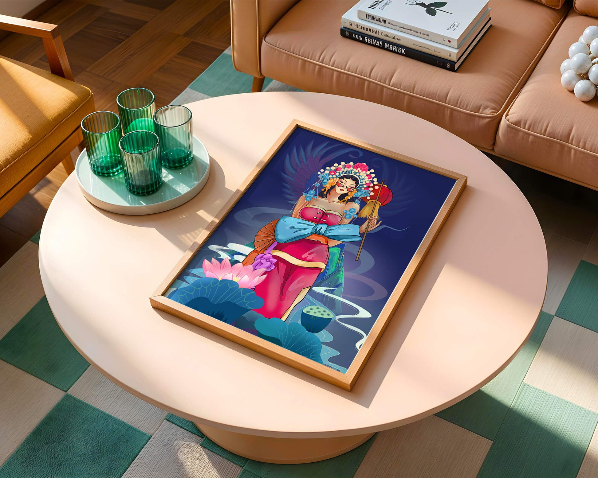 Colorful illustration of a woman in traditional attire with floral headdress